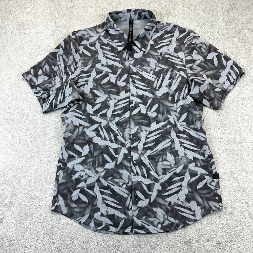 lululemon athletica Gray and White Leaf Print Short Sleeve Button-Down Shirt